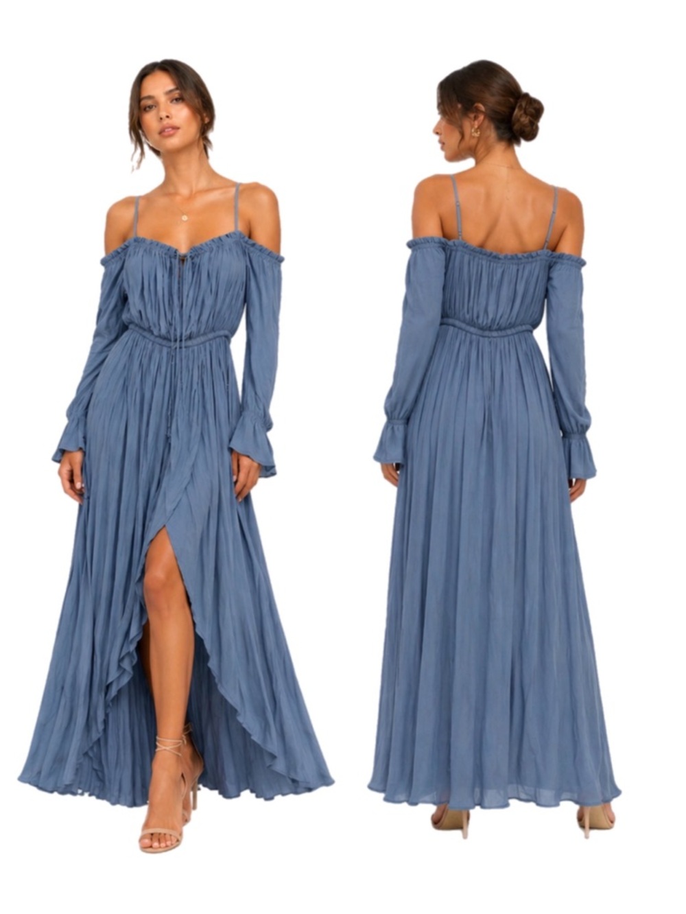 Off-Shoulder Matte Blue Maxi Dress with Spaghetti Straps
